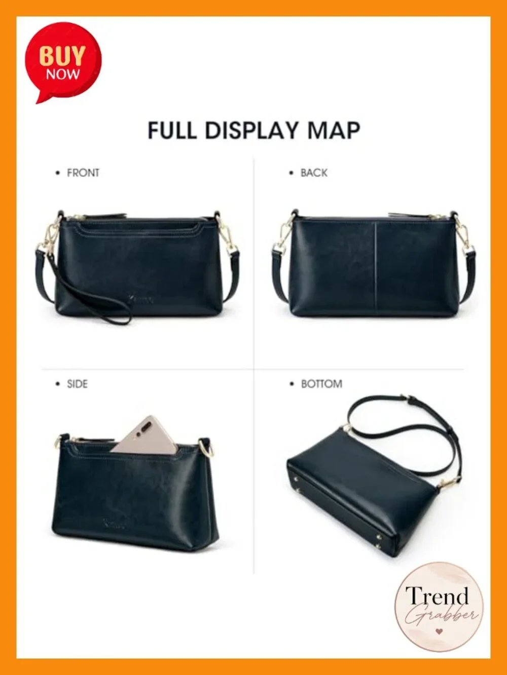 Genuine Leather Crossbody Bag with 2 Straps, Wristlet Wallet, Many Pockets